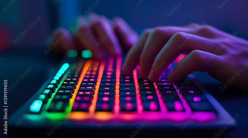 Typing on Glowing Keyboard: Human Hands Interact with Colorful Keys in a Modern, Dark Workspace Environment.