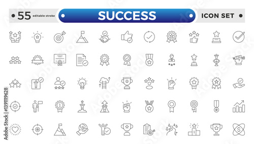 Success outline web icons set. Success, achievement, successful, strategy, winner, teamwork, goal, brainstorm, challenge and task. Editable stroke outline icon.
