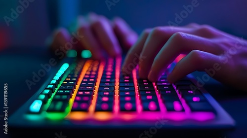 Obraz na płótnie Typing on Glowing Keyboard: Human Hands Interact with Colorful Keys in a Modern, Dark Workspace Environment. w salonie