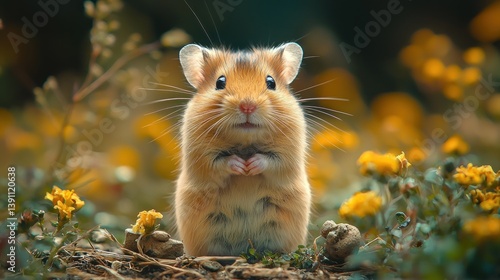 Adorable hamster sitting amidst yellow flowers.