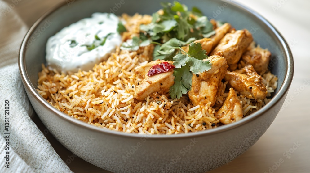 Bowl of aromatic chicken biryani with saffron rice and a side of yogurt raita Bowl of aromatic chicken biryani with saffron rice and a side of yogurt raita