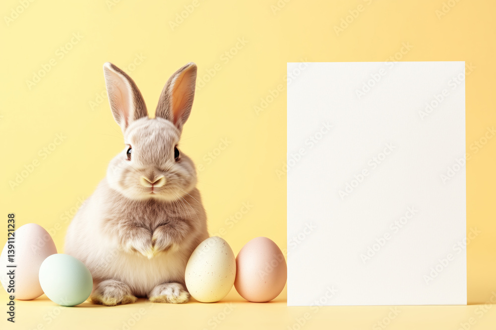 Obraz premium Blank mock up card and an adorable Easter Bunny on the yellow background
