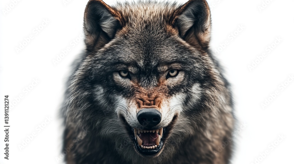 Intense close-up of ferocious wolf with mouth open, fierce expression, isolated on transparent background Intense close-up of ferocious wolf with mouth open, fierce expression, isolated on transparent background
