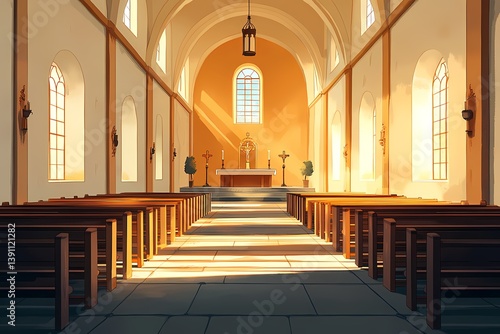 Peaceful Church Interior  Sunlit Sacred Sanctuary with Illuminated Altar  Elegant Wooden Pews  and Stunning Religious Architecture