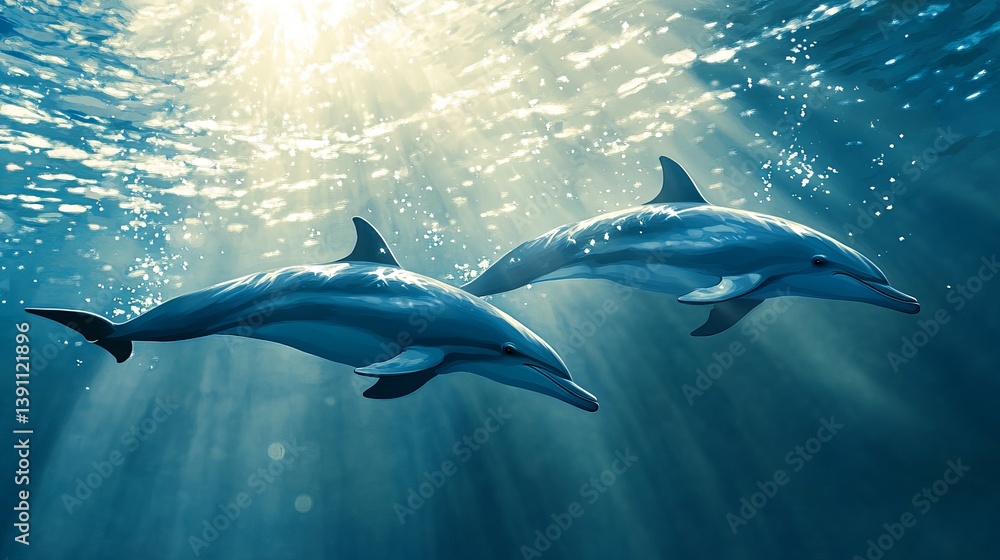 Fototapeta premium Two dolphins gliding gracefully underwater with sunlight filtering through ocean surface