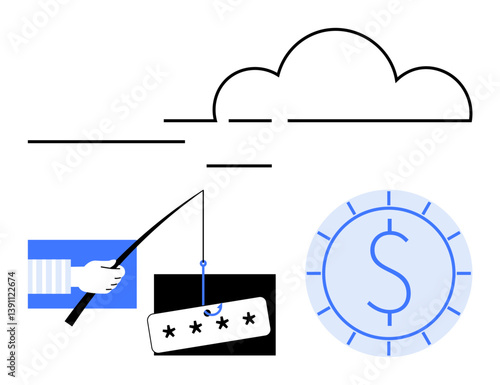Phishing attempt targeting password with fishing rod, cloud computing connection, money coin metaphor. Ideal for cybersecurity, online scams, privacy, data theft, internet safety, fraud prevention