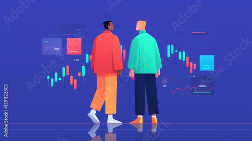 Two individuals analyze stock market trends in a modern trading environment during a bustling workday session.