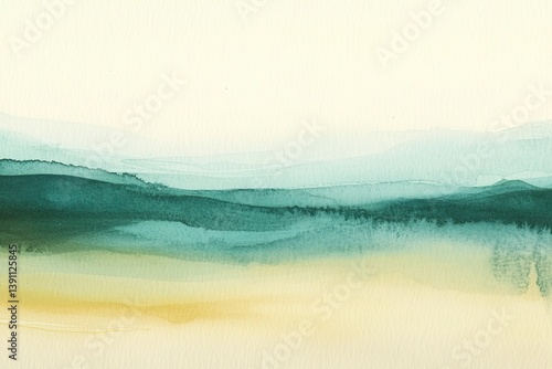 Watercolor landscape of layered hills transitioning from yellow foreground to pale sky