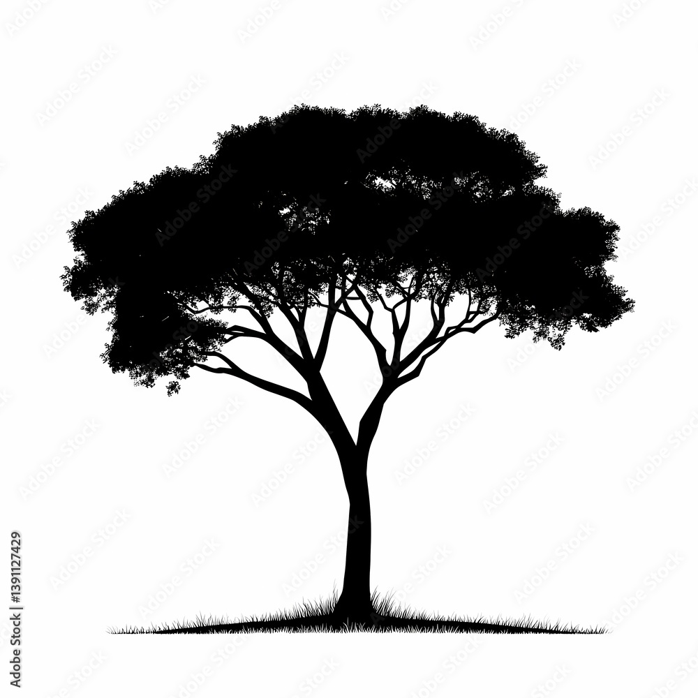 Fototapeta premium Black Silhouette Tree Illustration: Elegant Nature Artwork in Scenic Countryside Landscape