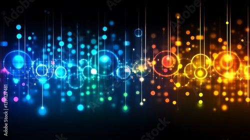 Abstract colorful light streaks and glowing circles on dark background.
