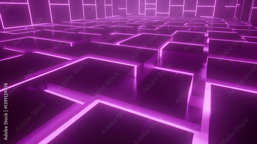 Futuristic rendered room with purple illuminated cube structures and lines Futuristic rendered room with purple illuminated cube structures and lines