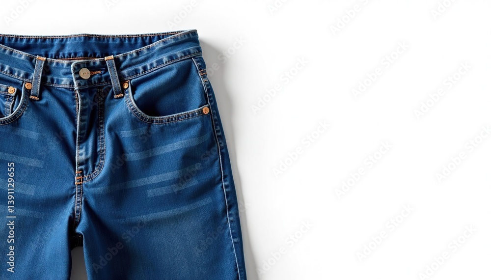 Classic blue denim jeans, crisp white backdrop, material, vintage, fabric Classic blue denim jeans, crisp white backdrop, material, vintage, fabric
