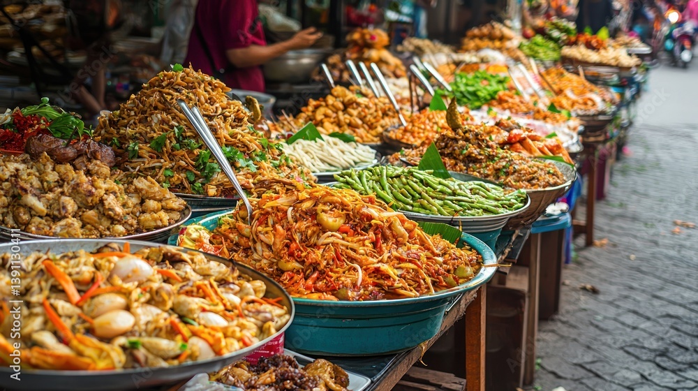 Fototapeta premium Vibrant Asian street food market with various dishes.