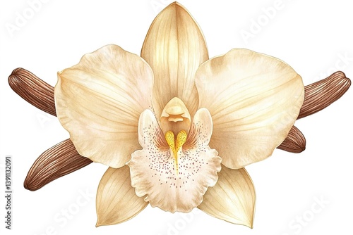 Watercolor style illustration of a Vanilla Orchid with pods on a white background