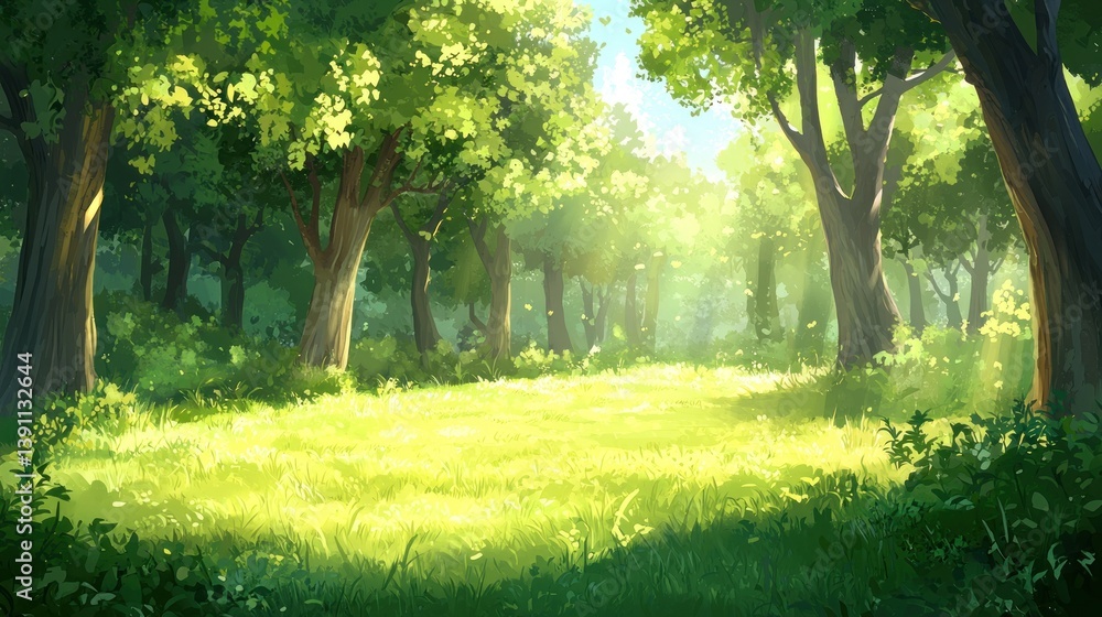 Sunlit forest clearing with lush green grass and tall trees. Sunlit forest clearing with lush green grass and tall trees.