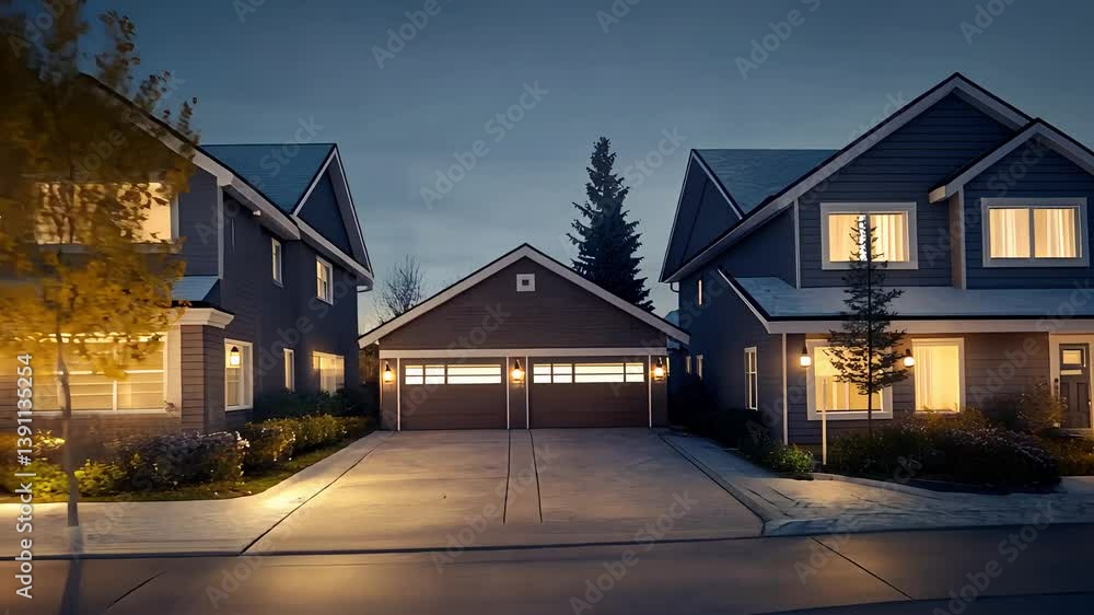 Modern Suburban Neighborhood with Houses and Garage at Dusk
Modern Suburban Neighborhood with Houses and Garage at Dusk
