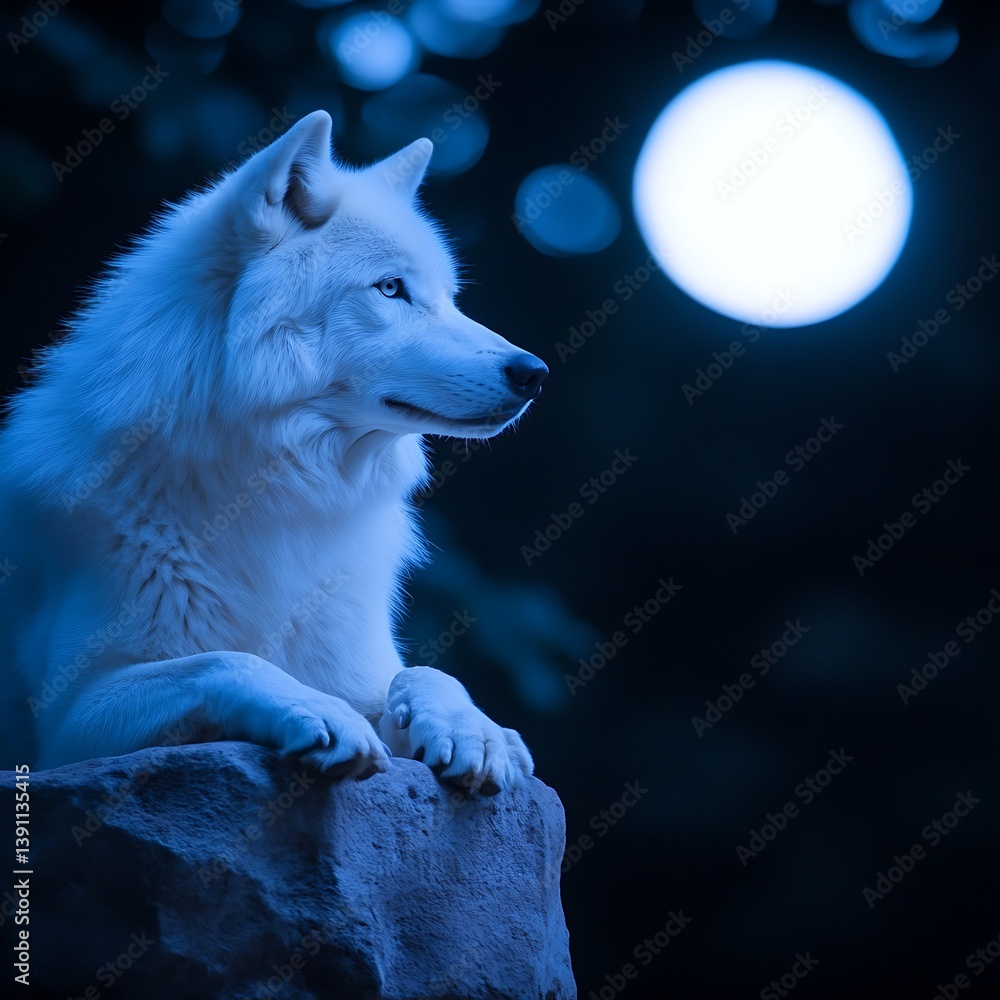 Obraz premium White wolf moonlit night scene