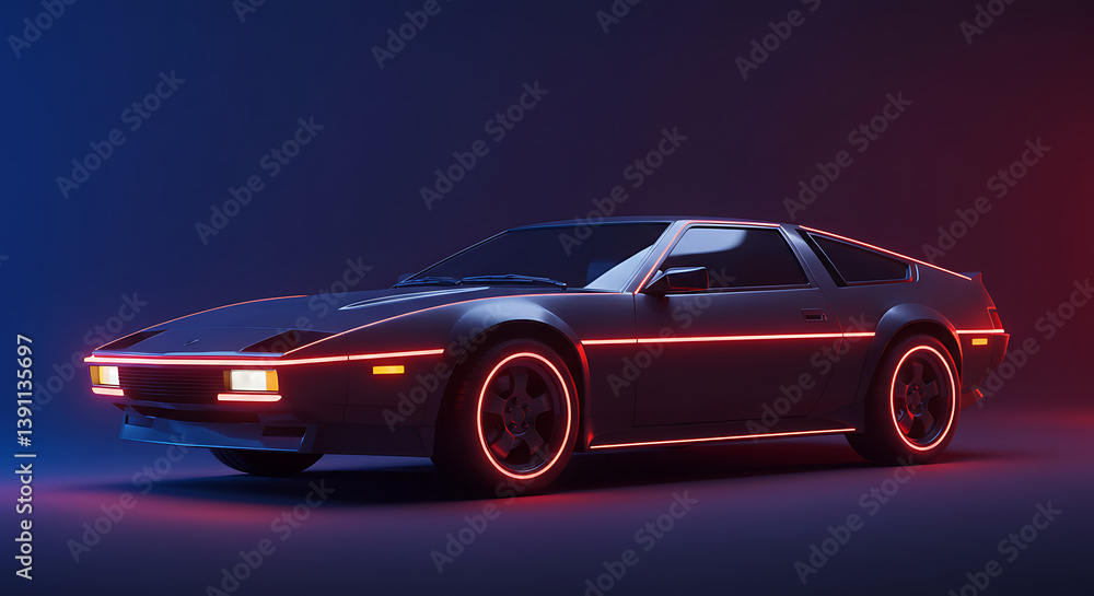 Retro Futuristic Pixel Art Car with Neon Lights in Dark Blue and Red Setting Retro Futuristic Pixel Art Car with Neon Lights in Dark Blue and Red Setting