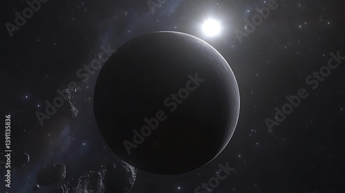 A celestial planet exists with a brilliant star in space