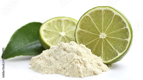 Lime slices and powder on white background