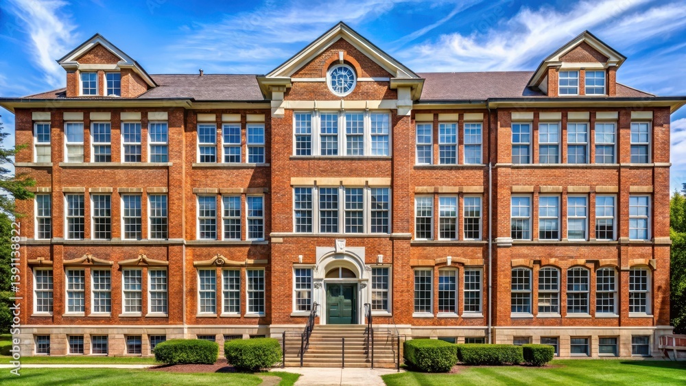 Fototapeta premium American School Building with Brick Facade and Multiple Windows, historic school building, educational institution