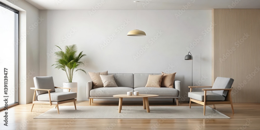 Fototapeta premium Minimalist Living Room with Low Sofa and Armchair, simple furniture layout, minimalist modern living room