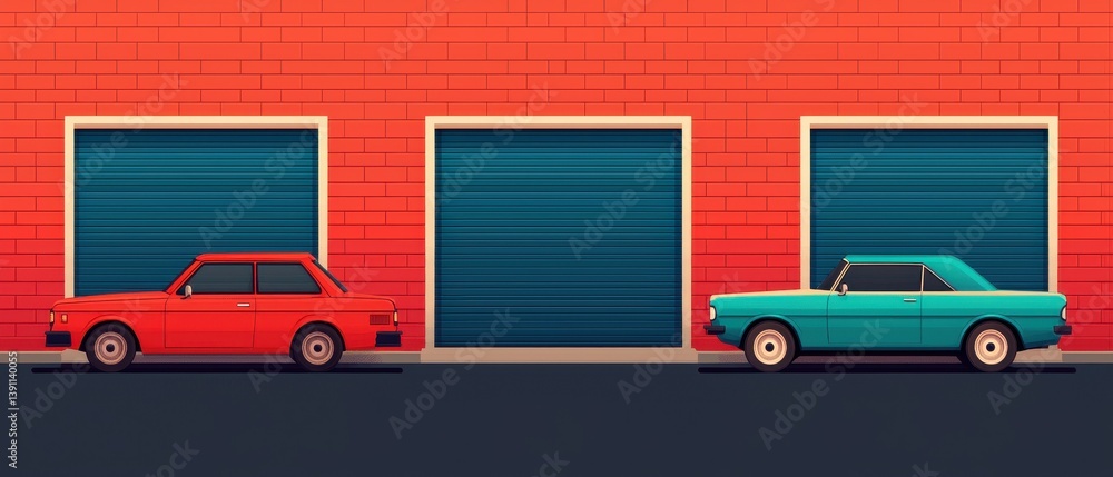 Fototapeta premium Two classic cars parked in front of blue garage doors on a red brick wall.