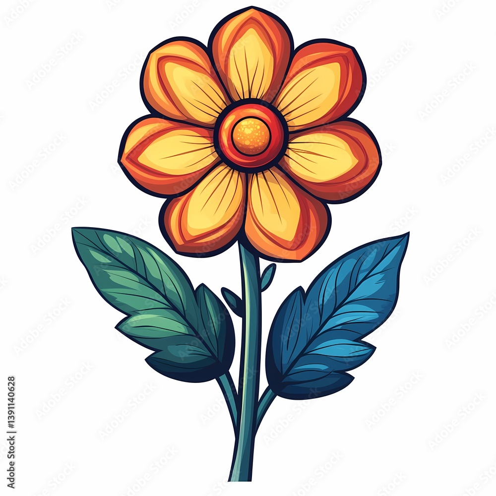 Fototapeta premium Blooming Botanical Illustration: Vibrant and Colorful Floral Art with Cheerful Spring Petals and Leaf Detail in Eco-Friendly Modern Design