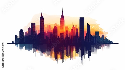 Wallpaper Mural Vibrant City Skyline Illustration: Silhouette Art of Urban Landscape at Sunset with Reflections Torontodigital.ca