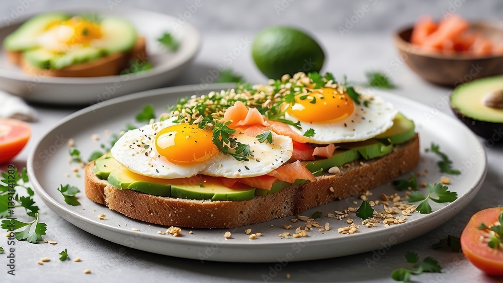 Two pieces of whole grain toast topped with slices of avocado Two pieces of whole grain toast topped with slices of avocado