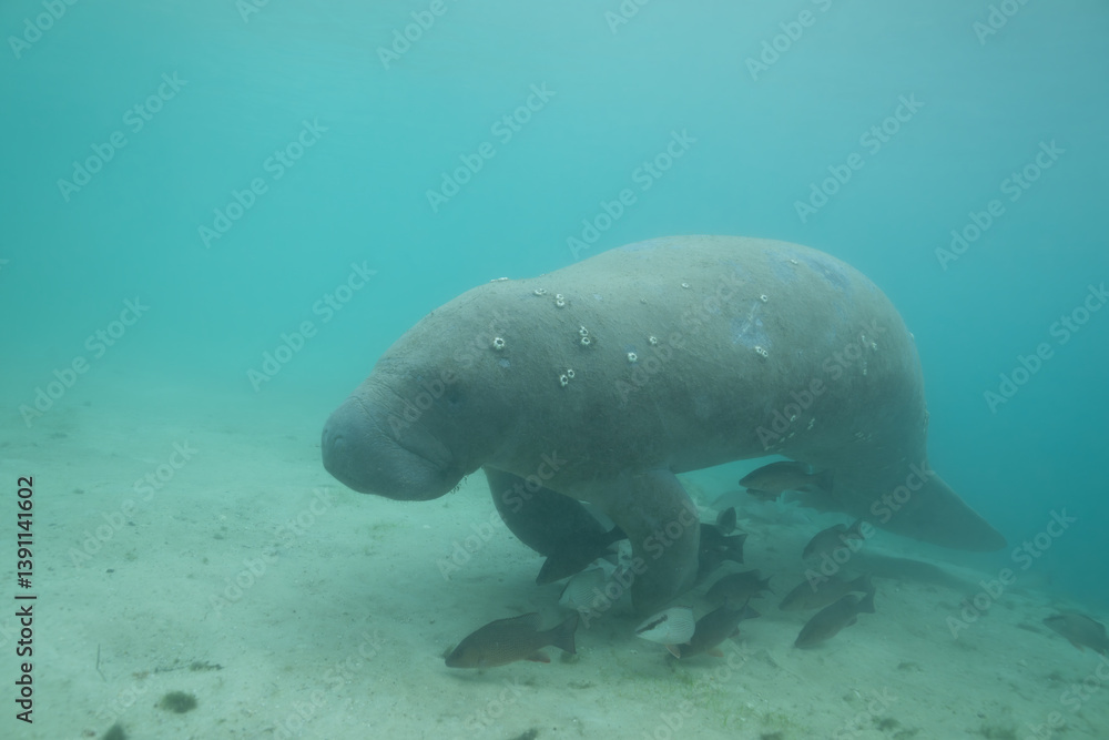 Naklejka premium Manatee swimming over school of fish