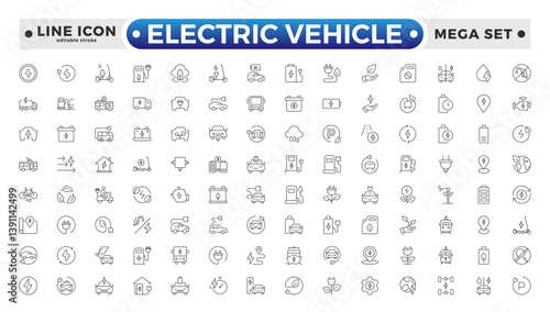 Electric Vehicle outline icons set. electric vehicle charging station, EV plug, bus, motorcycle, energy recovery, smart e car. Editable stroke outline icon.