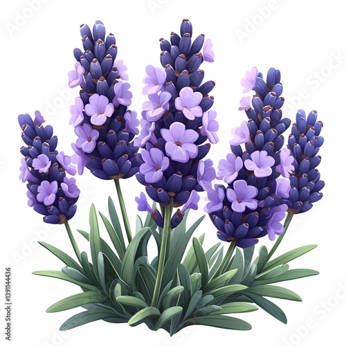 Lavender Blooms. Botanical Illustration of Vibrant Purple Flowers with Greenery in a Whimsical Garden Design
