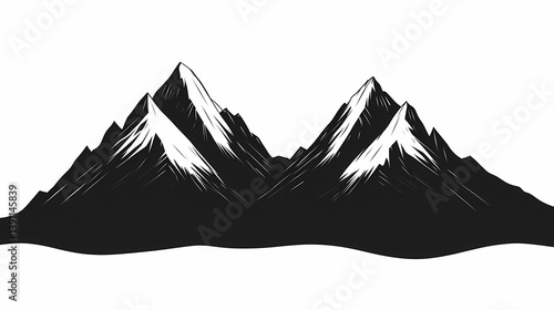 Epic Black and White Mountains. Vector Illustration of Snowcapped Peaks and Silhouettes in Rugged Terrain - High Altitude Nature Artwork