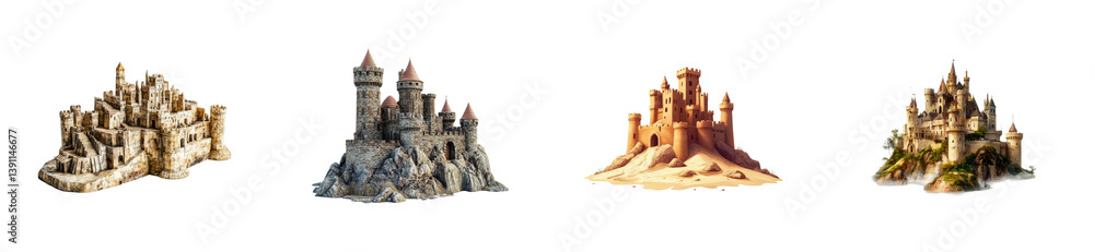 Exploring historic castle models renderings fantasy. Cut out set Exploring historic castle models renderings fantasy. Cut out set