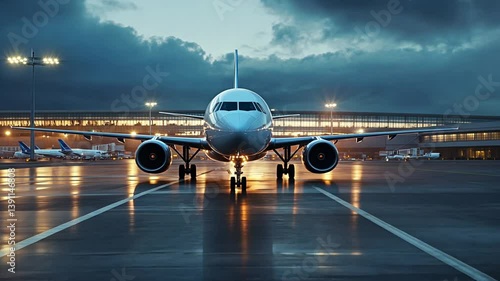 Modern airplane parked on the tarmac at dusk, ready for departure on a rainy evening