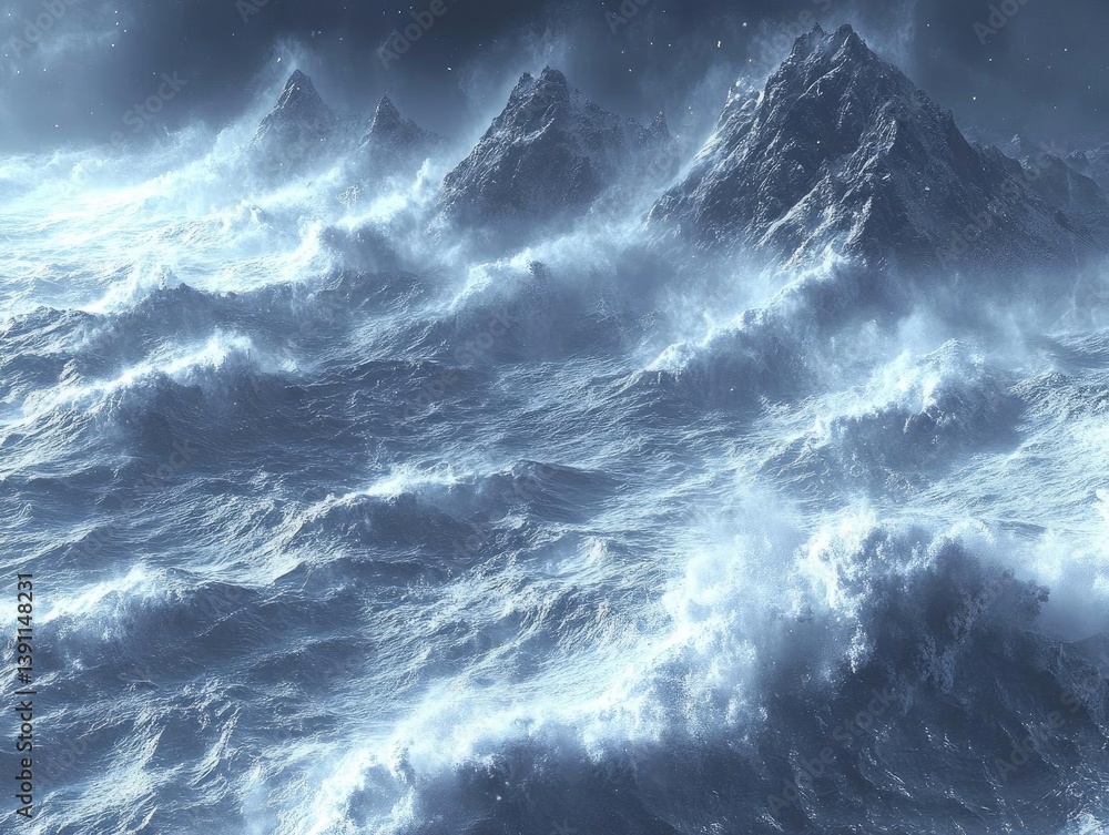 Fototapeta premium Waves Crash Against Mountains in a Stormy Sea