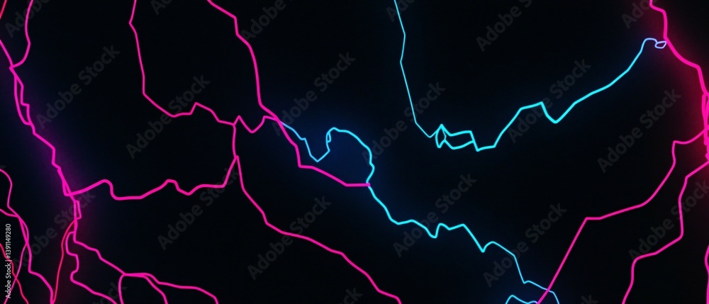 Abstract dark background with glowing pink and blue lines resembling lightning. Abstract dark background with glowing pink and blue lines resembling lightning.