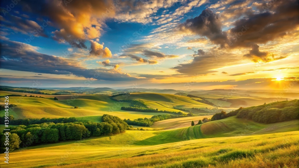 Obraz premium Golden Hour Serenity Rolling Hills Basking in the Warm Glow of a Sunset