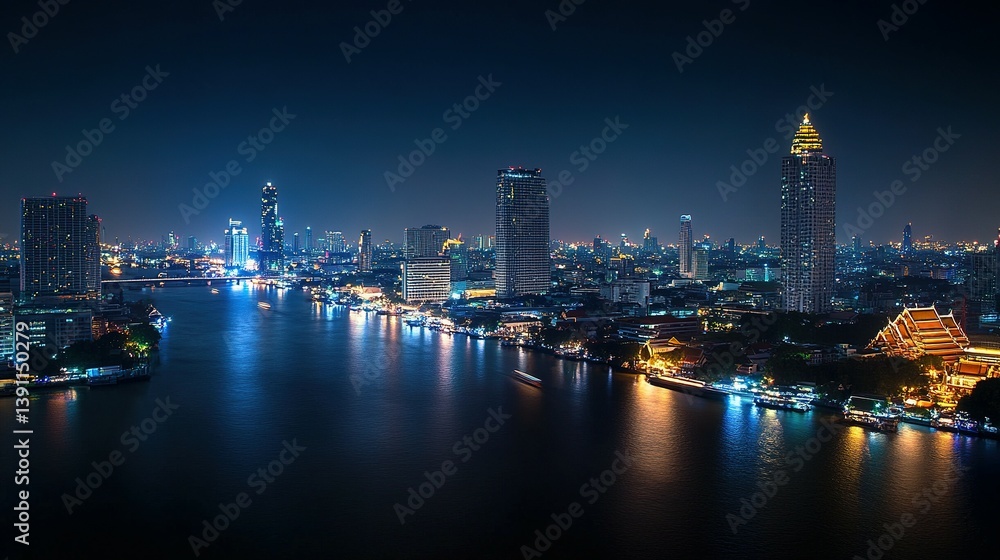 Fototapeta premium Illuminated cityscape reflects on a vast river during the nighttime hours