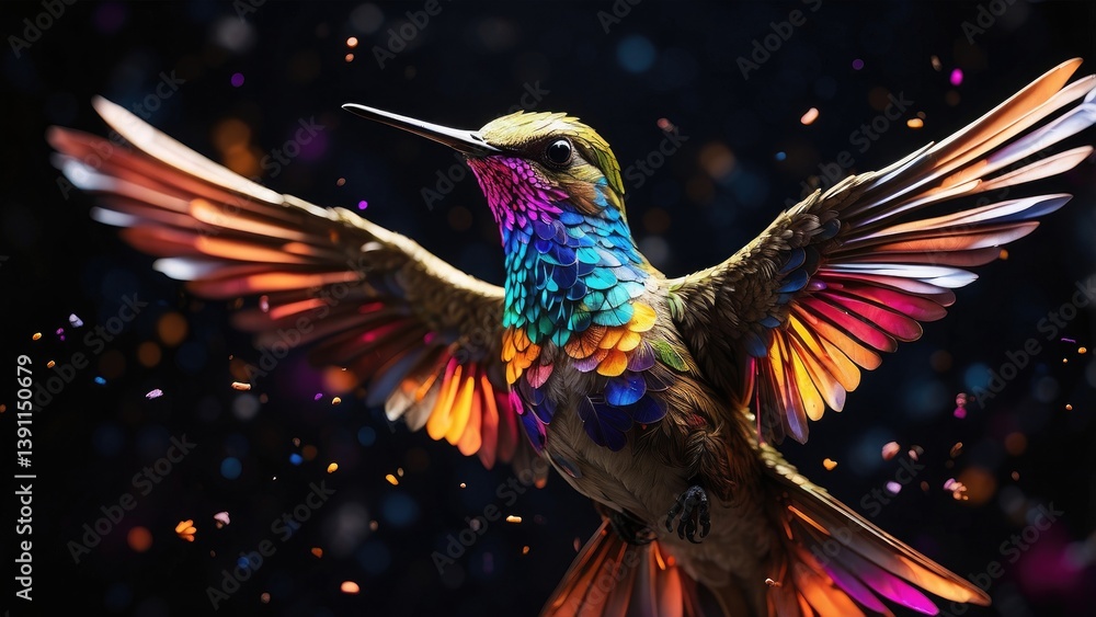 Obraz premium A vibrant, digitally rendered hummingbird is depicted mid-flight against a dark background