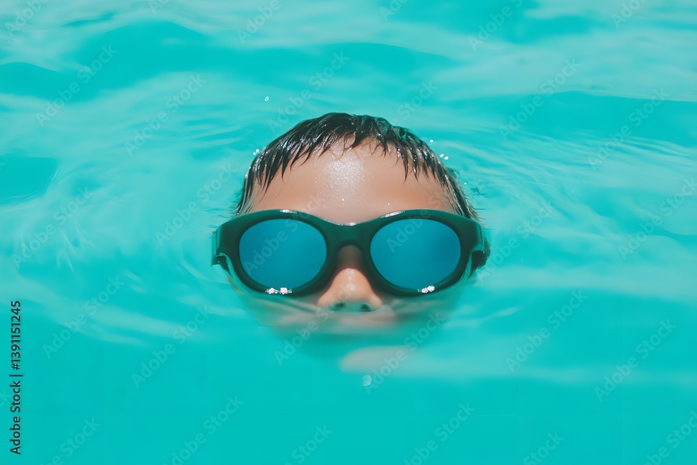 Naklejka premium Boy in swimming pool with goggles partially submerged in turquoise water.