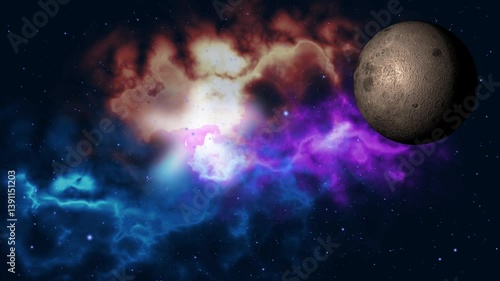 3d space animation with colorful nebulae and moon. Background for science content and meditation music.
