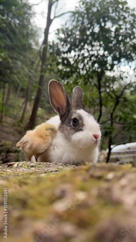 Witness the adorable friendship between this fluffy rabbit and the cheerful baby chick.