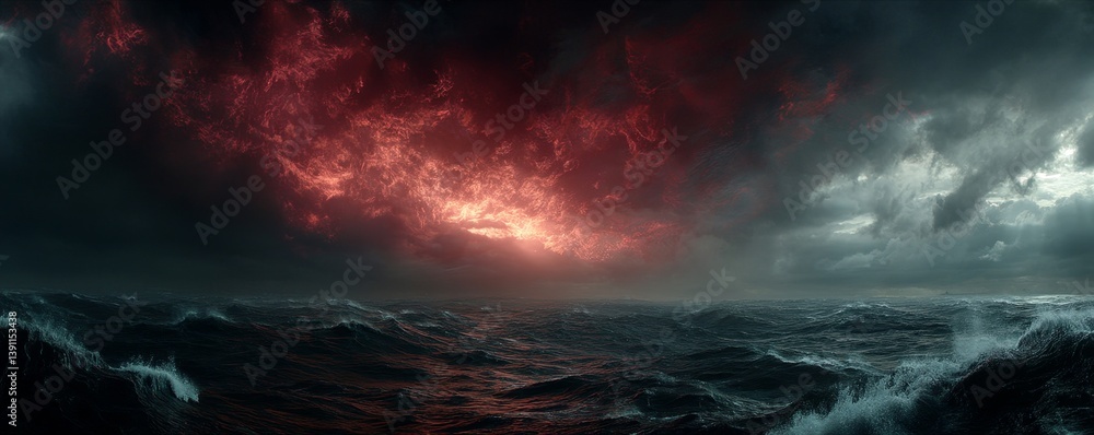 Fototapeta premium Fierce winds whip across a barren, rain-soaked earth beneath a brooding, crimson sky - seamless background design pattern