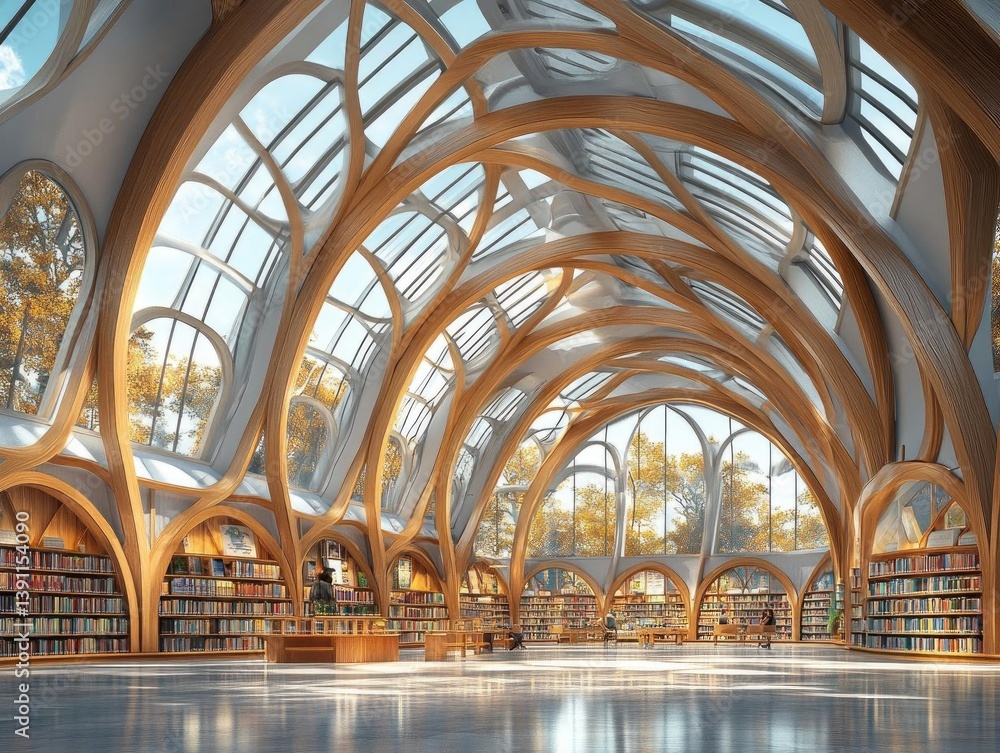 Obraz premium Wooden Library Design: Bookshelves, Sunlight, & Tranquil Atmosphere