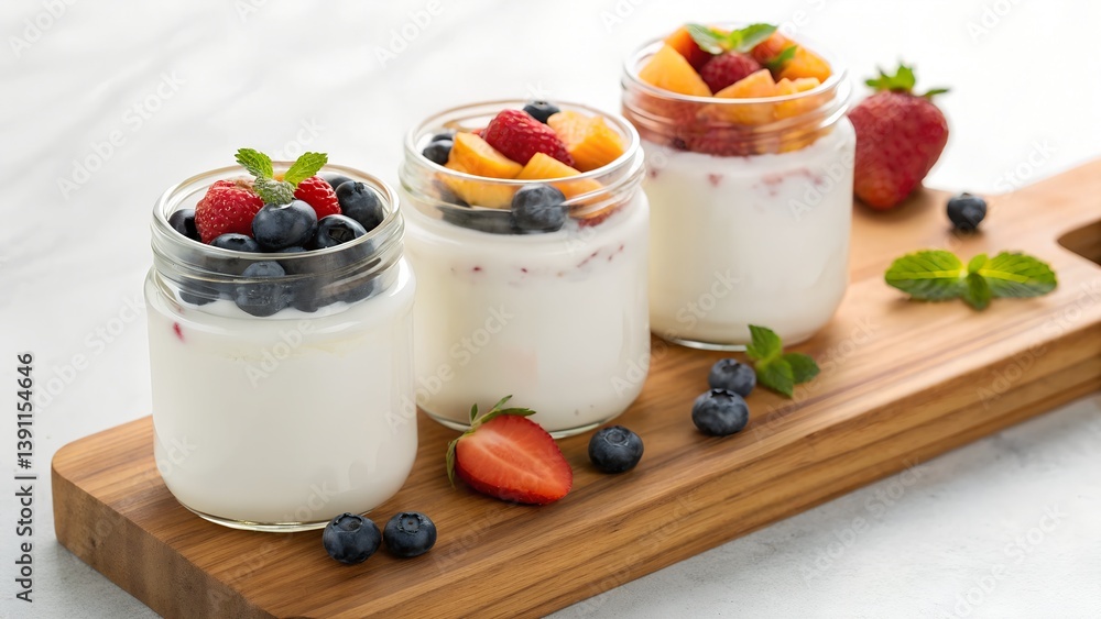 Organic yogurt jars with fruit toppings, arranged on a wooden board
Organic yogurt jars with fruit toppings, arranged on a wooden board