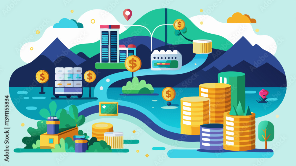Business Operations Stack A multilayer depiction of a business operation like inventory sales and finance with a flowing river of coins symbolizing instant cash flow improving