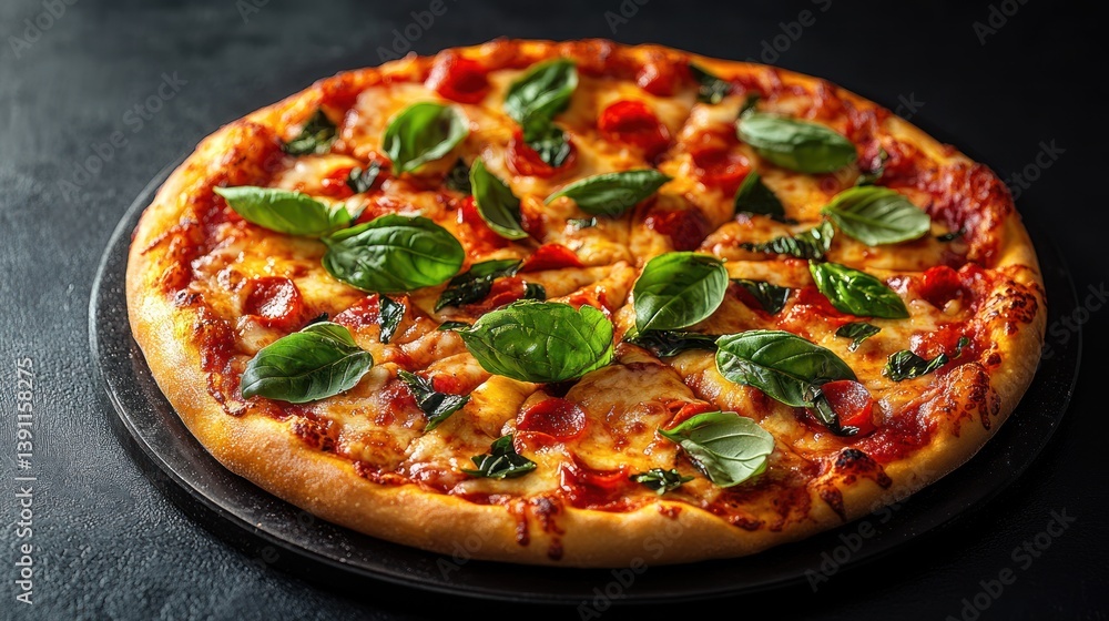 Pepperoni pizza with fresh basil leaves on black background Pepperoni pizza with fresh basil leaves on black background