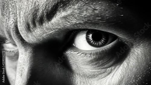Intense close-up of a man's eye showing emotion and focus in black and white photography